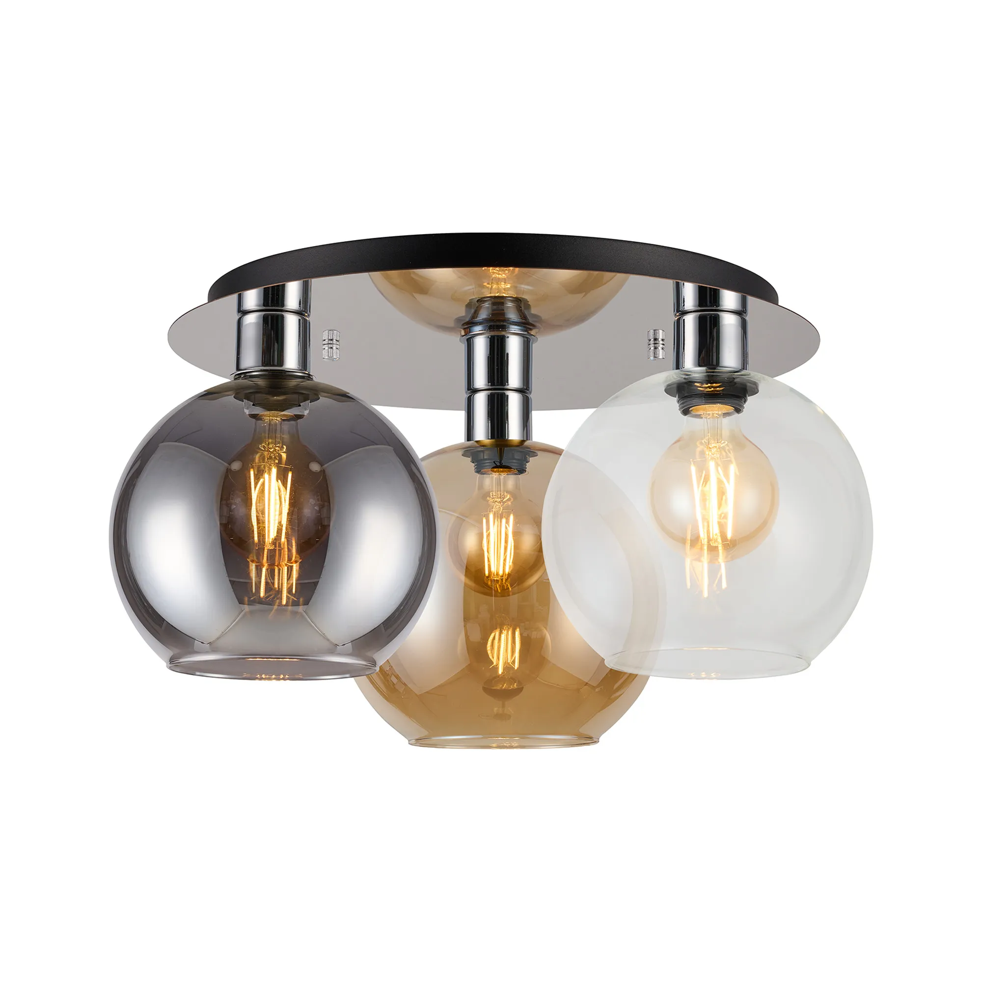 DK1350  Lori 40cm Round Ceiling Flush, 3 Light Flush Fitting, Polished Chrome/Clear/Smoke/Amber Open Mouth Round Globe Shades
